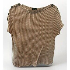 W5 Size Small Brown And White Stripe Button Accent Sleeves‎ Scoop Neck Tee